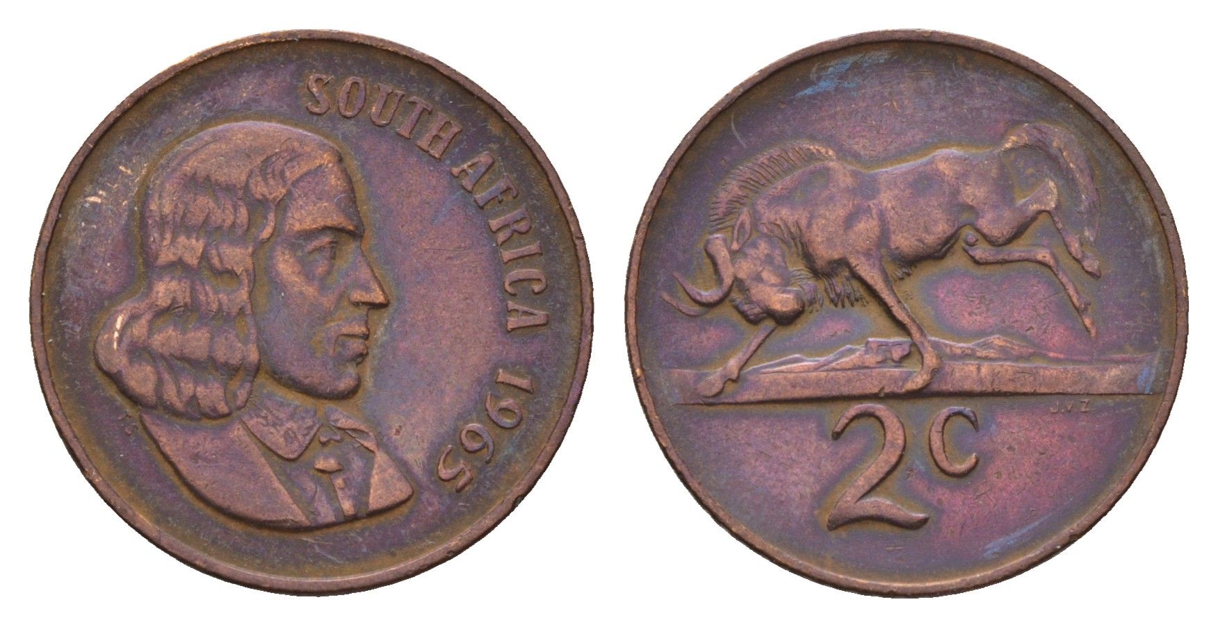 ЮАР 2 цента 1965 Ян ван Рибек (1619-1677), South Africa, легенда на английском, антилопа KM 66.1 бронза 4660-915