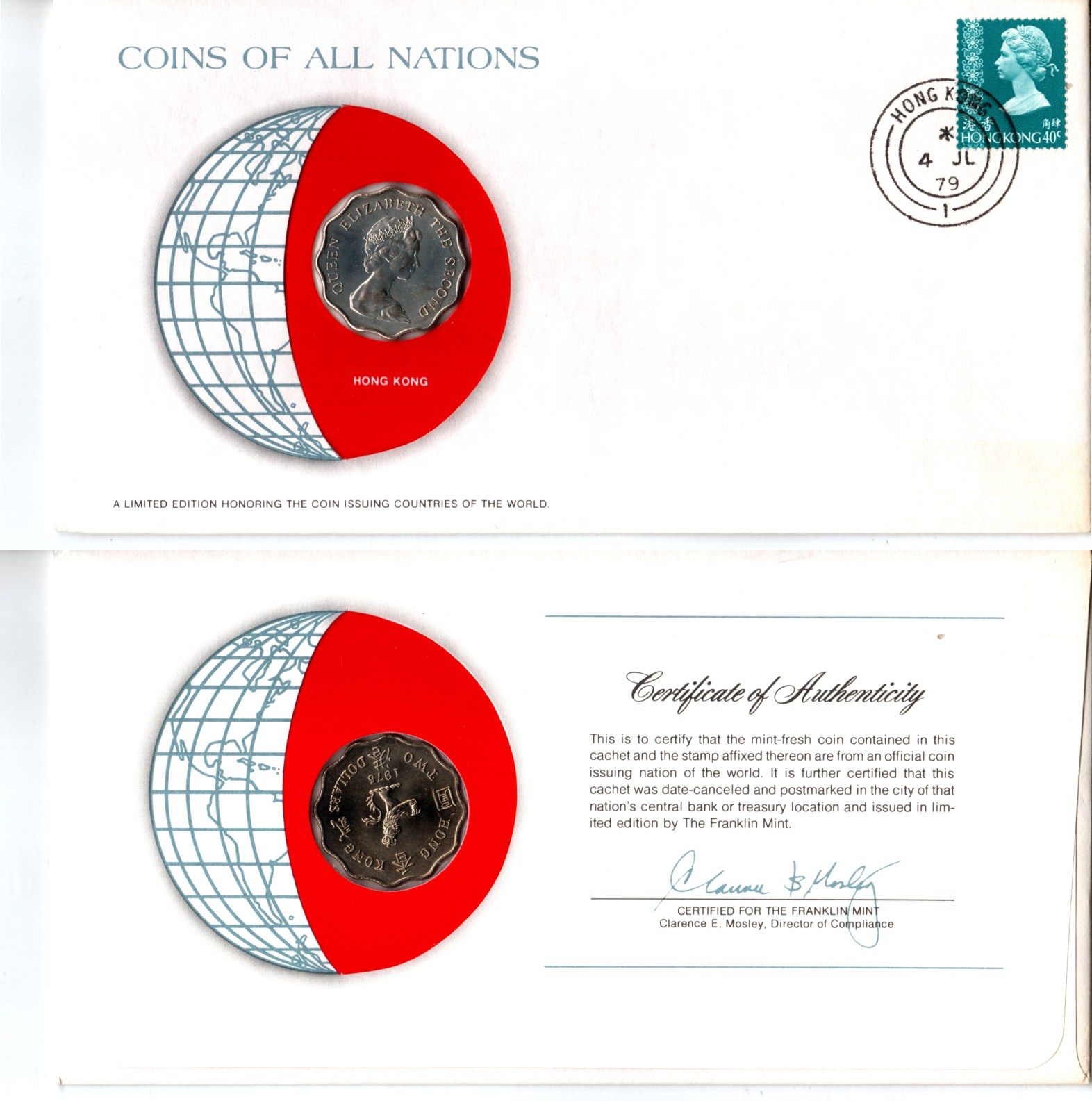 Гонконг 2 доллара 1975 конверт с маркой первого дня гашения, Coins of Nations KM 37 медно-никель UNC 4294-18-3