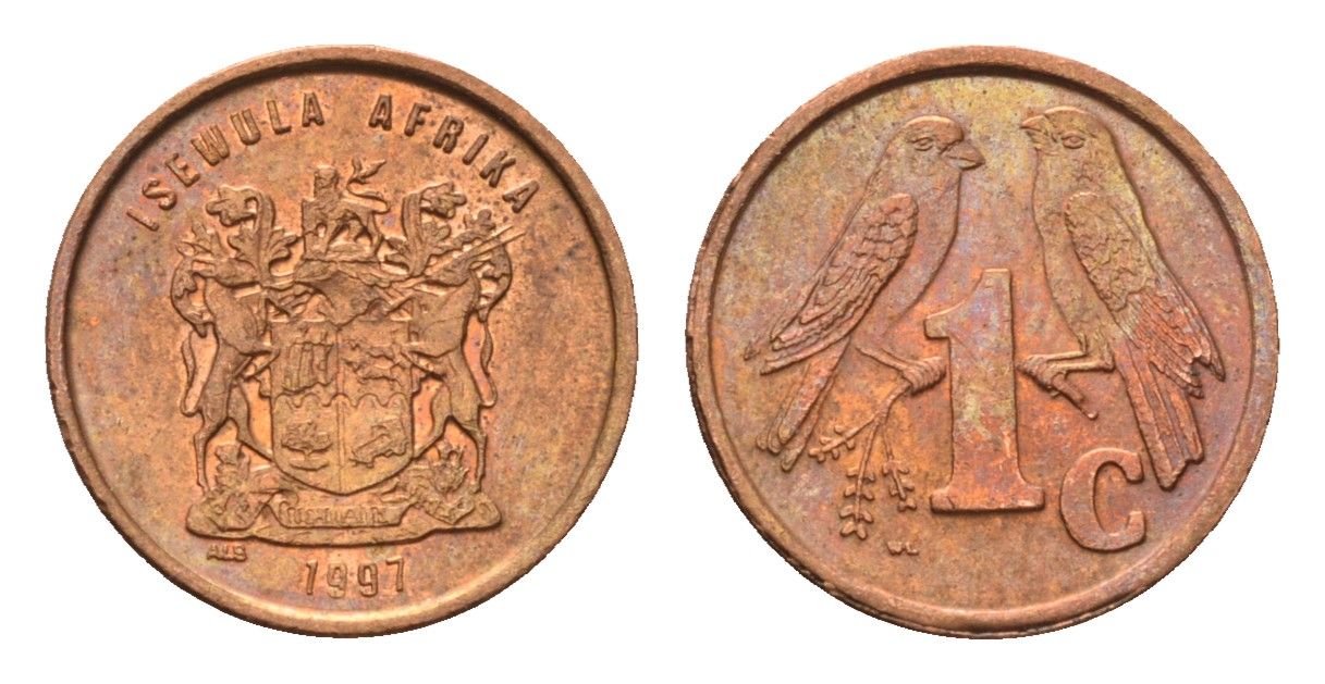 ЮАР 1 цент 1997 герб, капские воробьи KM 170 сталь плакированная медью UNC 4694-221