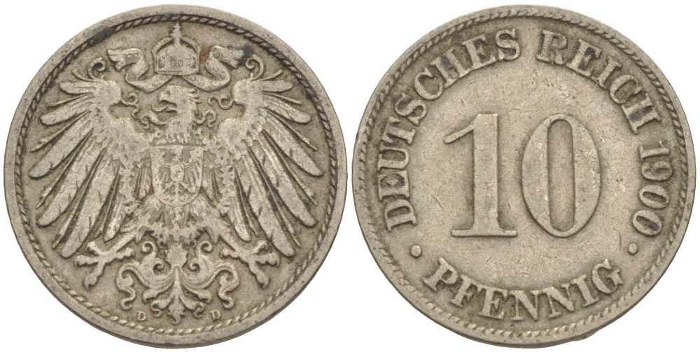 Германия 10 пфеннигов 1900 D KM 12, J. 13 медно-никель 4401-1136