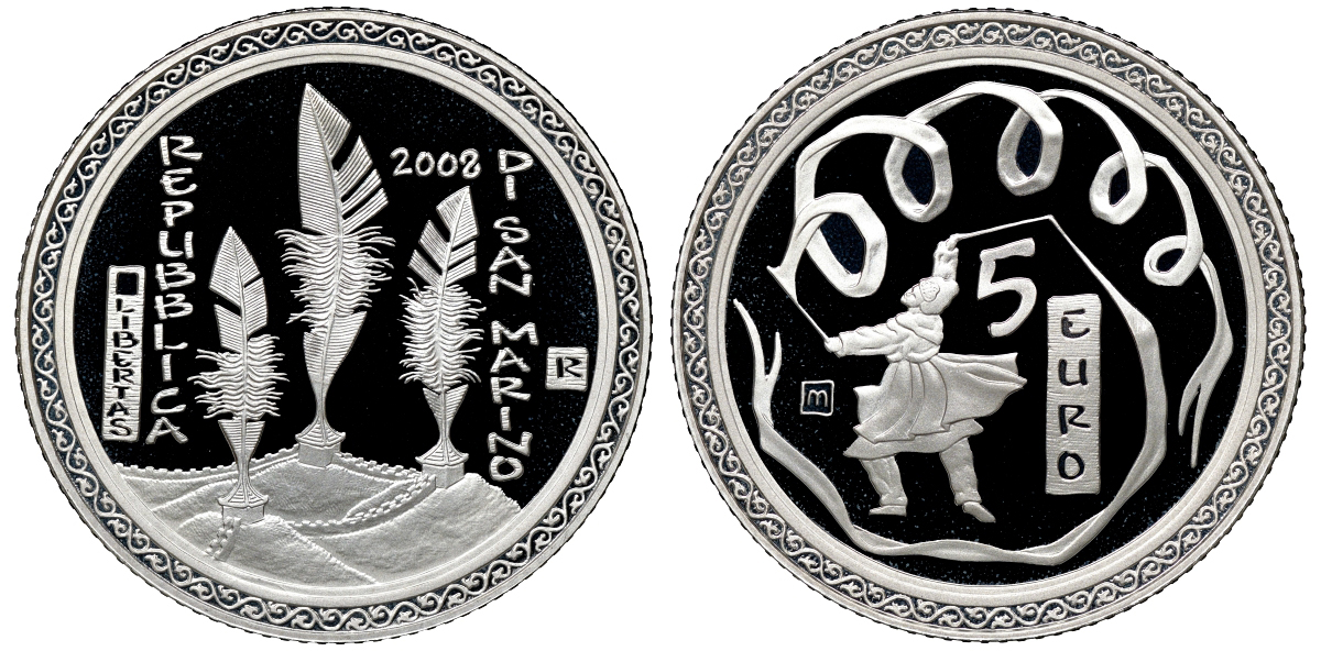 Сан-Марино 5 евро 2008 Олимпиада в Пекине, танец с лентами, в коробке с сертификатом KM 513 серебро PROOF 2-4-2-12