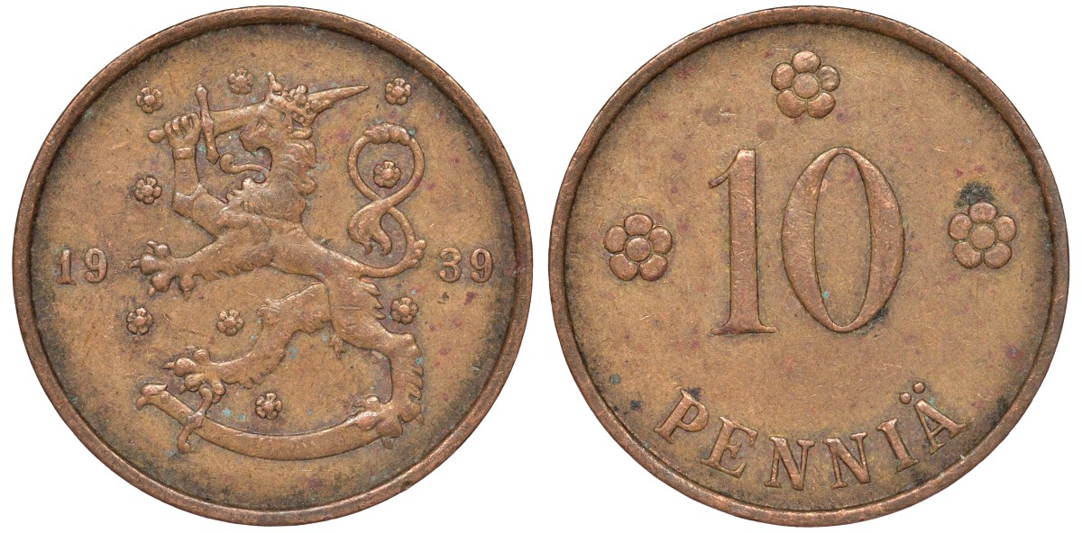 Финляндия 10 пенни 1939 KM 24 медь 51-3053