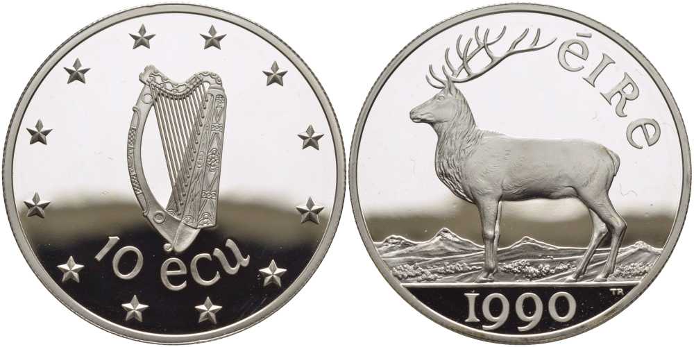 Ирландия 10 экю 1990 северный олень, диаметр 37,5 мм., вес 28 гр.  серебро  PROOF  1080-4-32