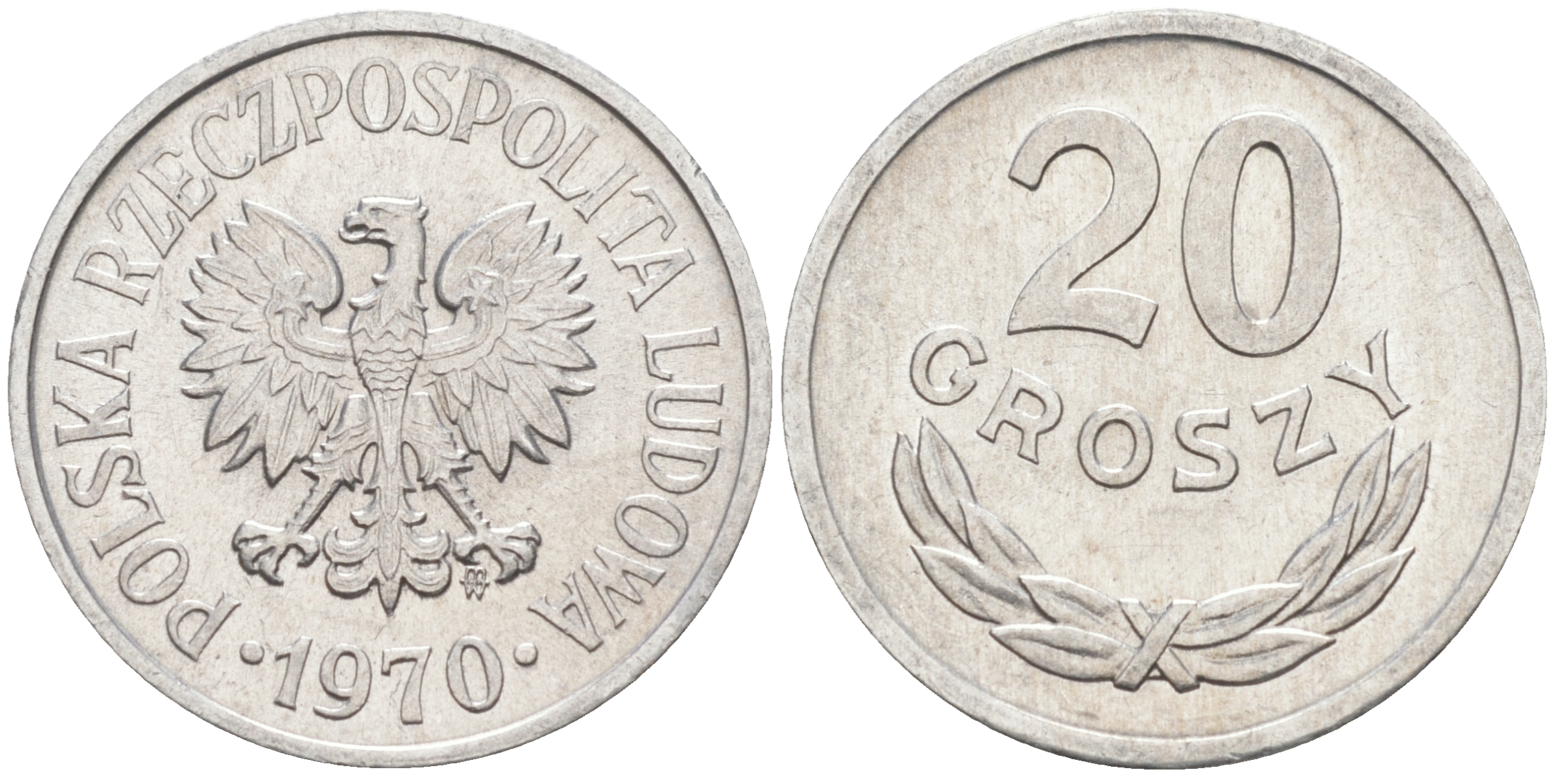 ПОЛЬША 20 ГРОШЕЙ 1970 MW KM A47 алюминий UNC 190-145