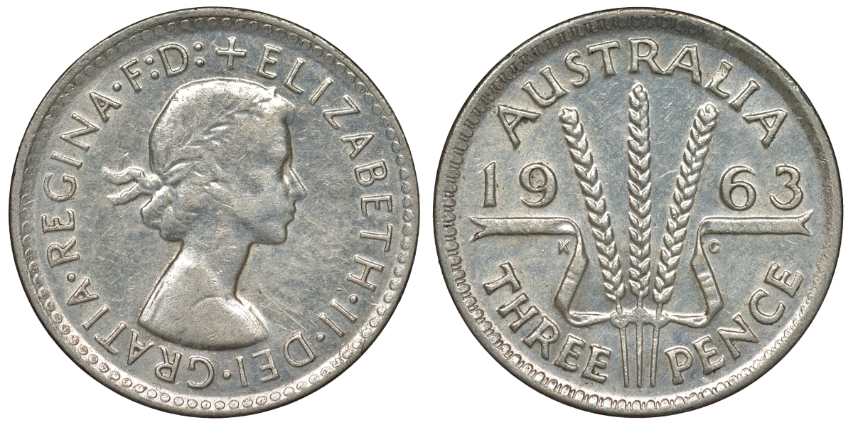 Австралия 3 пенса 1963 m, Елизавета II (1952-2022) KM 57 серебро 71-868