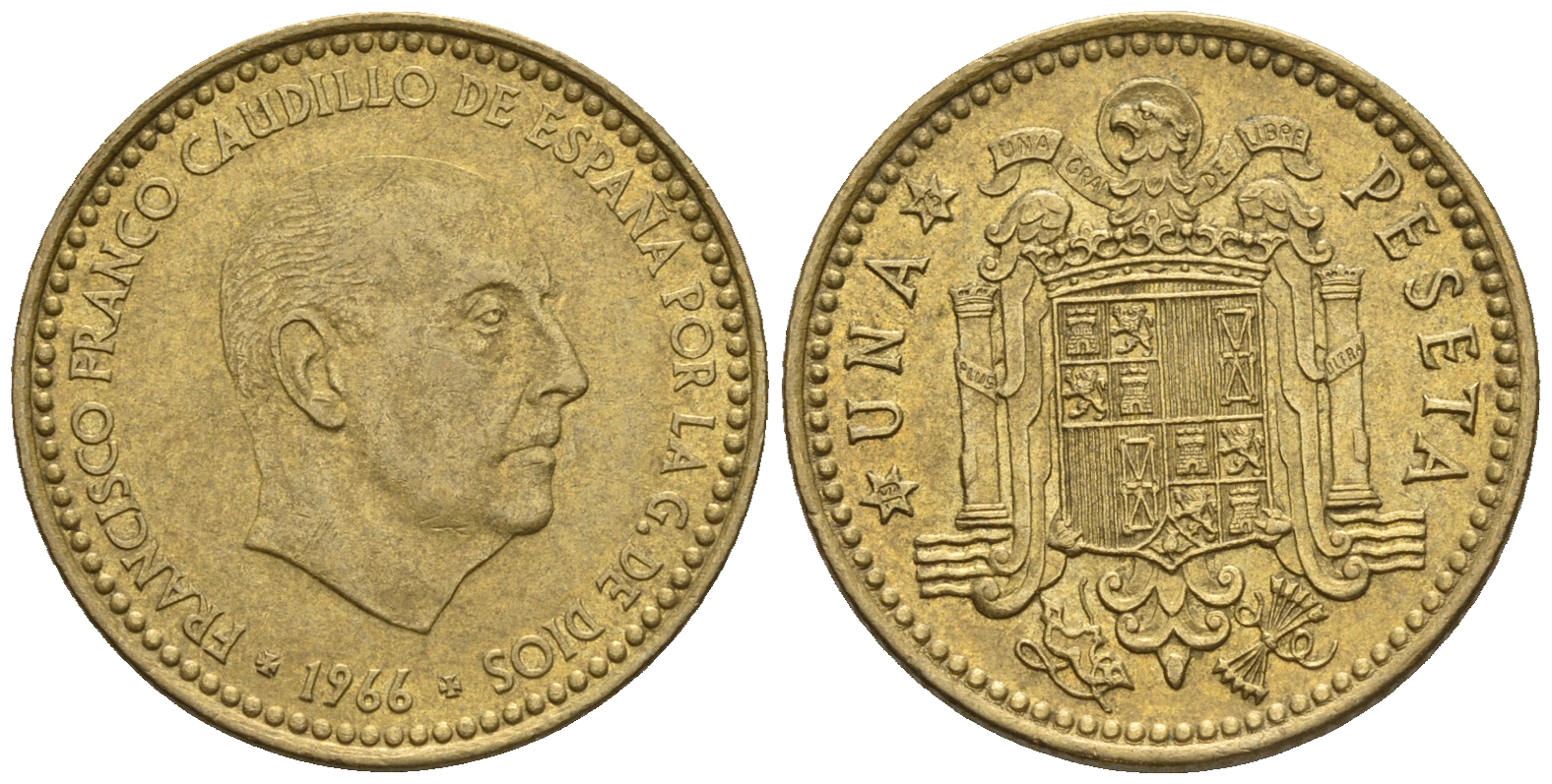 Испания 1 песета 1966 (75) Франциско Франко (1939-1975) КМ 796 алюминиевая бронза 85-652