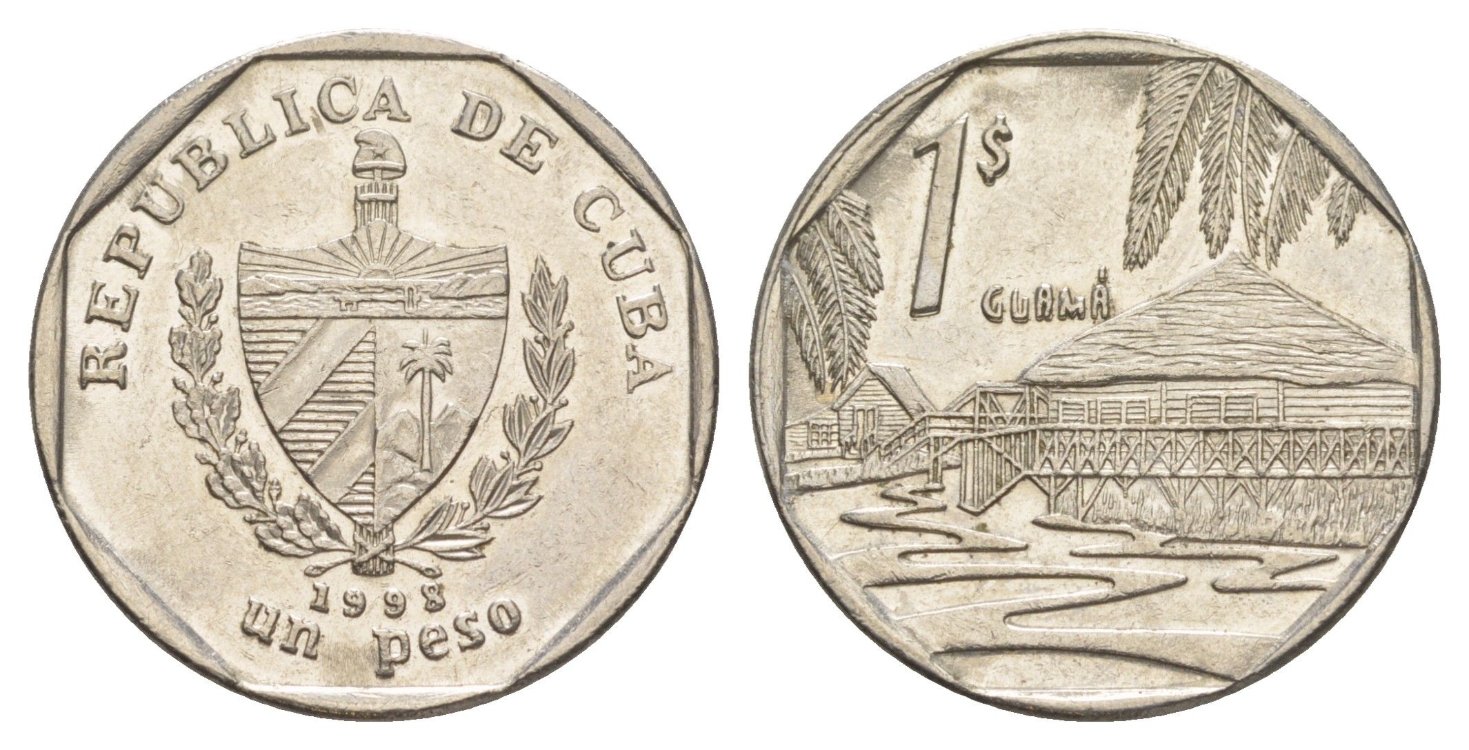 Куба 1 песо 1998 хижины Гуама KM 579 сталь плакированная никелем 4648-1145