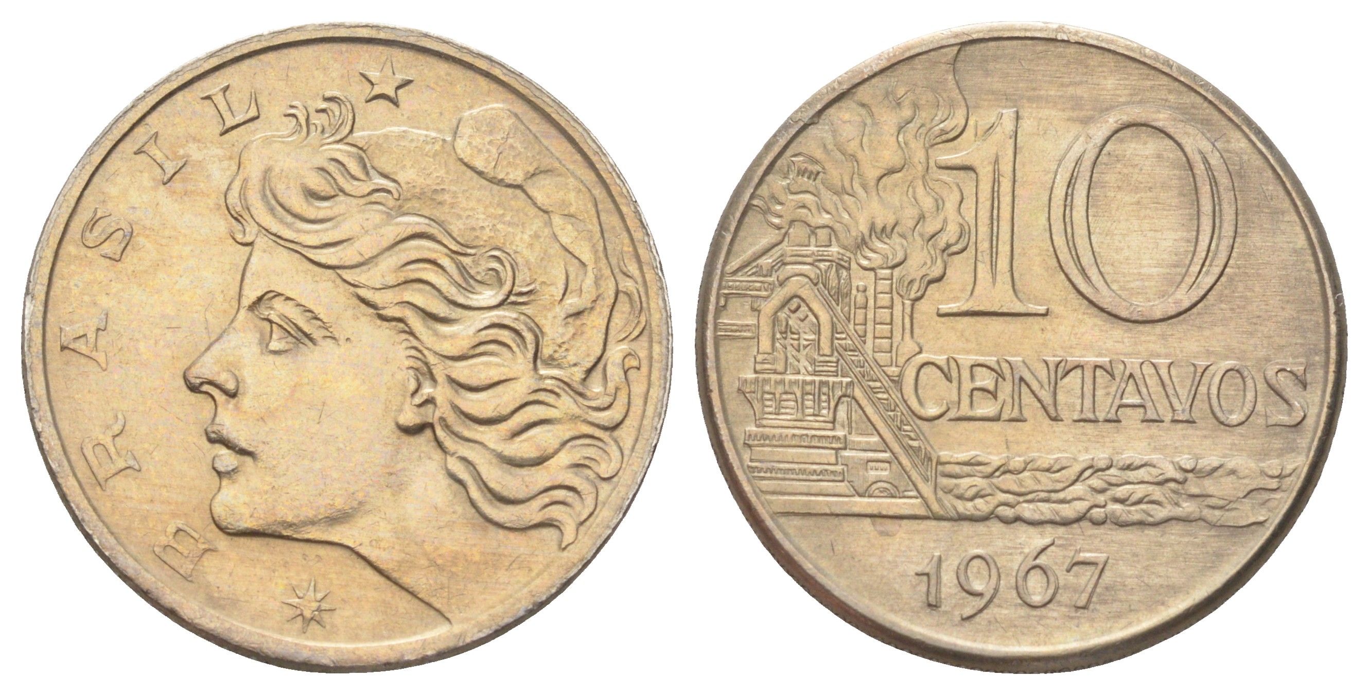 Бразилия 10 сентаво 1967 год-тип KM 578.1 медно-никель UNC 4646-745