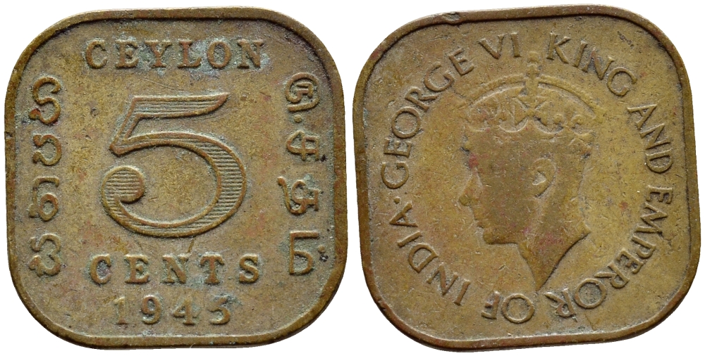 ЦЕЙЛОН 5 ЦЕНТОВ 1945 ГЕОРГ VI KM 113.2 никель латунь 4387-311