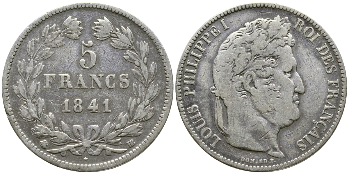 Франция 5 франков 1841 BB, Луи Филипп I (1830-1848) KM 749.3 серебро 1066-7-64