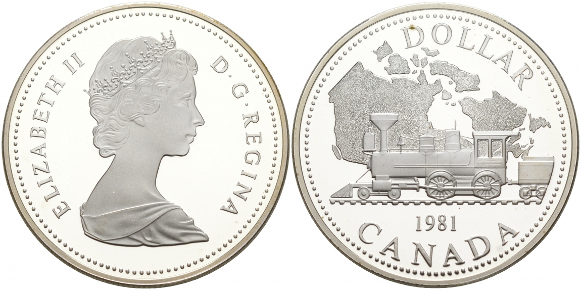 Канада 1 доллар 1981 Трансконтинентальная железная дорога, паровоз KM 130 серебро PROOF 02-015-43
