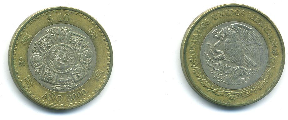 МЕКСИКА 10 ПЕСО 2000 биметалл 4-623