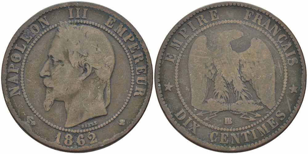 ФРАНЦИЯ 10 САНТИМОВ 1862 BB, НАПОЛЕОН III (1852-1870) KM 798.2, LE FRANC 134.6 бронза 4394-712