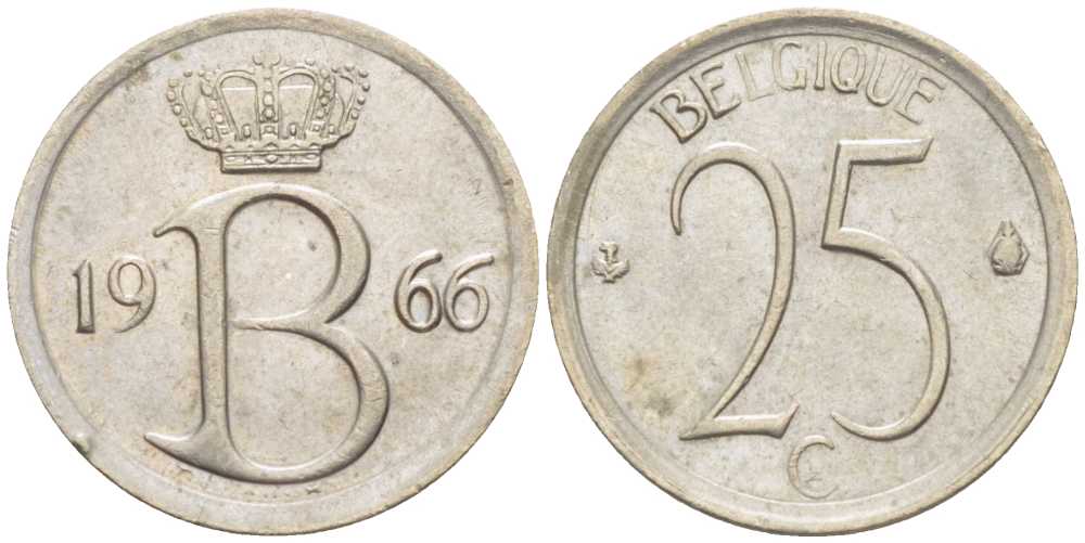 БЕЛЬГИЯ 25 САНТИМОВ 1966 BELGIQUE KM 153.1 медно-никель 201-1263