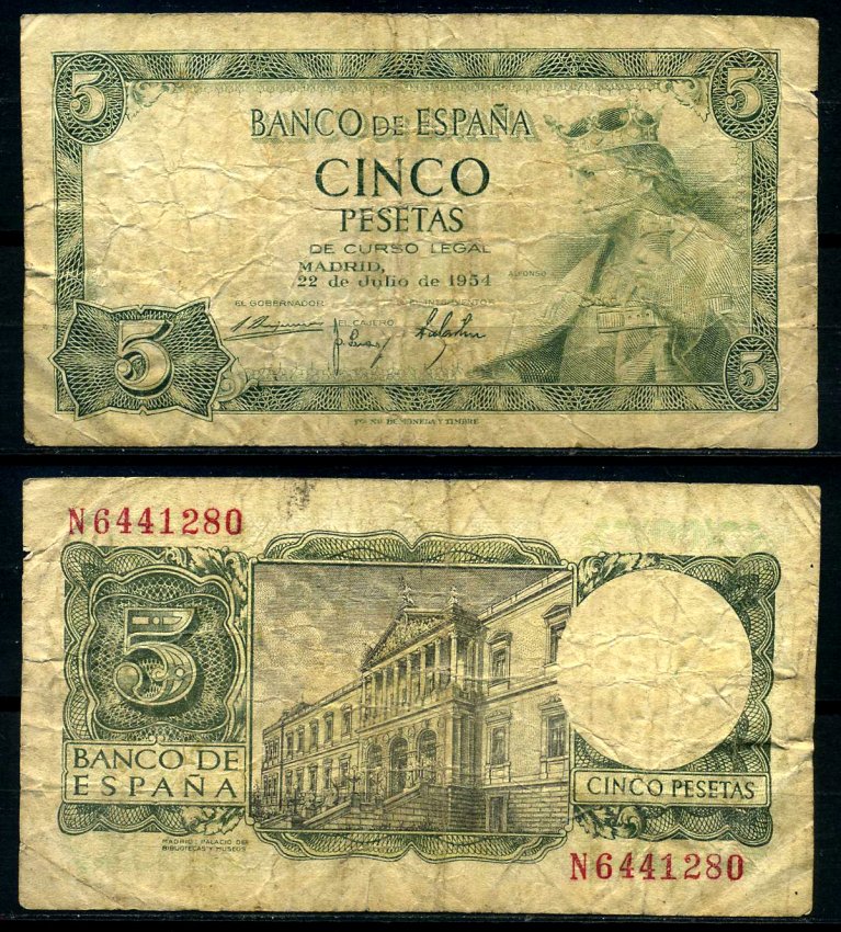 Испания 5 песет 1954 Альфонсо X, король Кастилии и Леона, дворец библиотек и музеев, Мадрид Pick 146 a бумага 7207-48-3-2