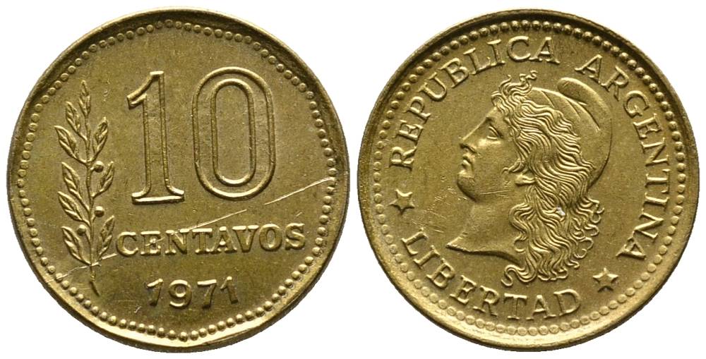 Аргентина 10 сентаво 1971 голова свободы влево KM 66 алюминиевая бронза 4528-246