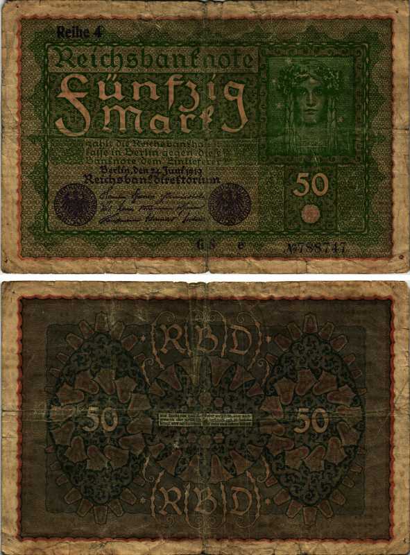 ГЕРМАНИЯ 50 МАРОК 1919 24 ИЮНЯ 1919, REIHE 4, СЕРИЯ GS, ВЫПУСК С ФЕВРАЛЯ 1920 ГОДА Pick 66, Rosenberg 62d бумага 7220-51-2