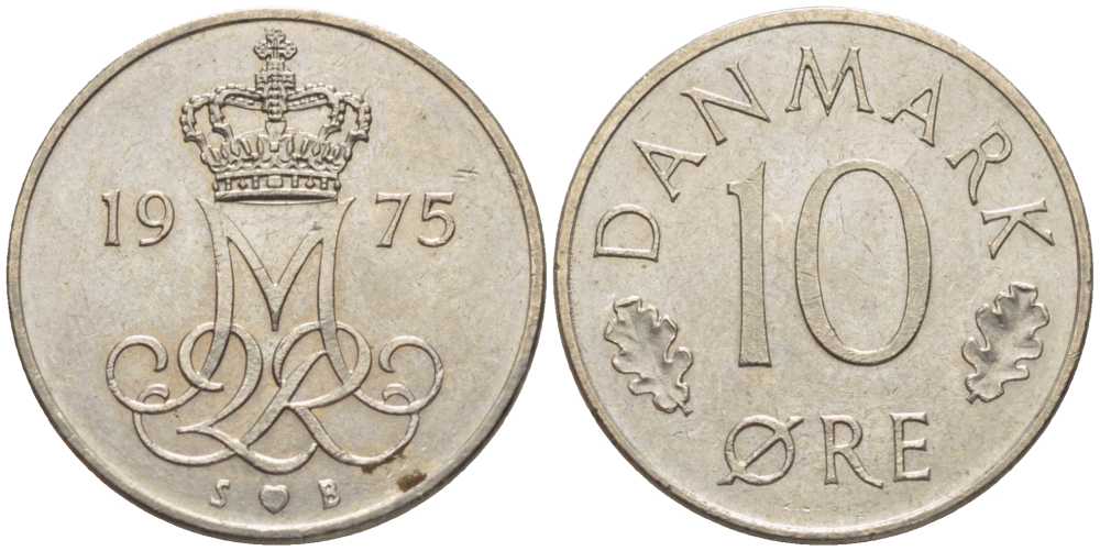ДАНИЯ 10 ЭРЕ 1975 S;B, МАРГРЕТЕ II (1972-) KM 860.1 медно-никель 201-1234