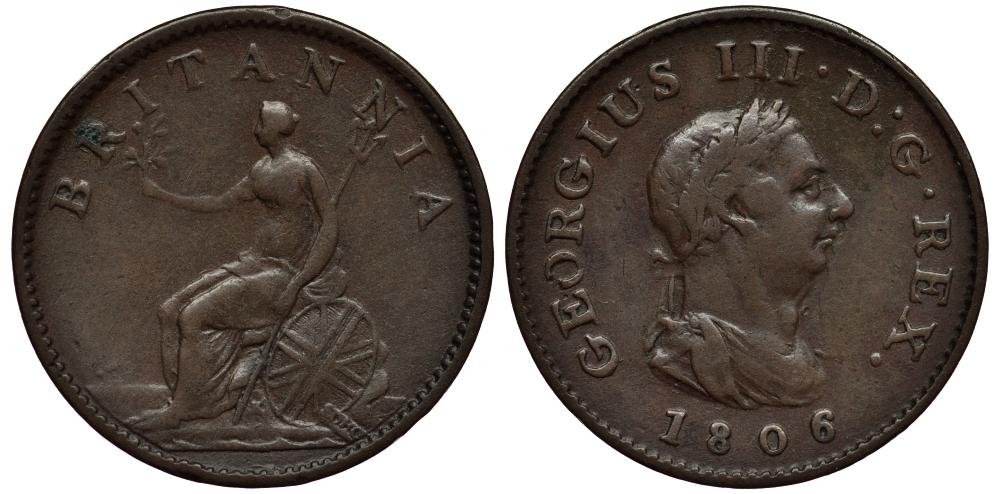 Великобритания 1 фартинг 1806 Георг III (1760-1820) KM 661, Spink 3782 медь 1524-1321