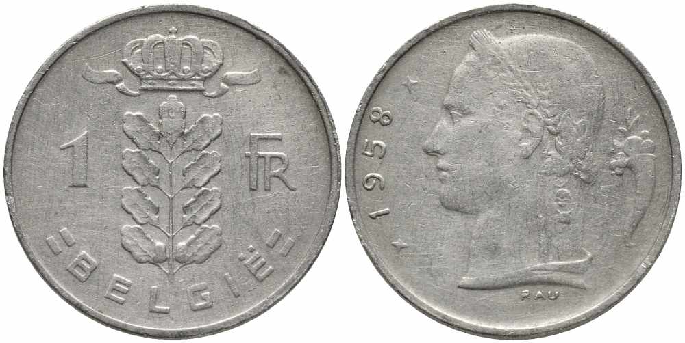 Бельгия 1 франк 1958 Belgie, Бодуэн I (1951-1993) KM 143.1 медно-никель 4175-251
