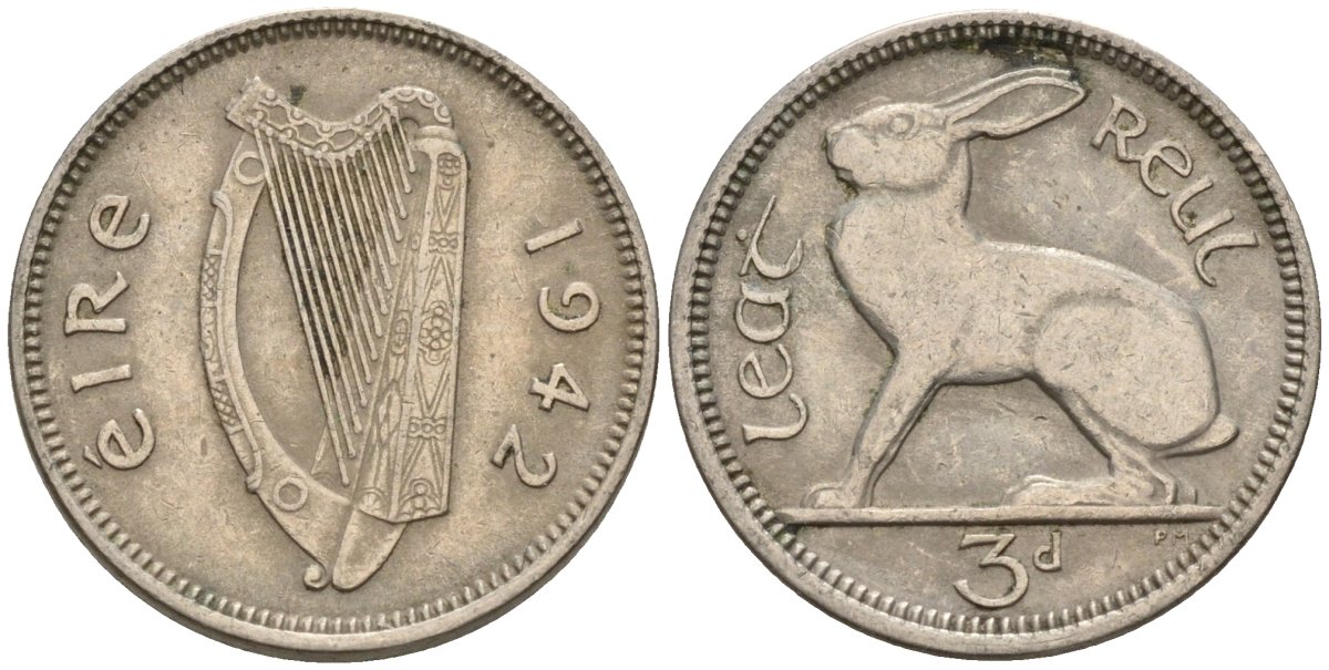 Ирландия 3 пенса 1942 заяц KM 12a медно-никель 4596-1057
