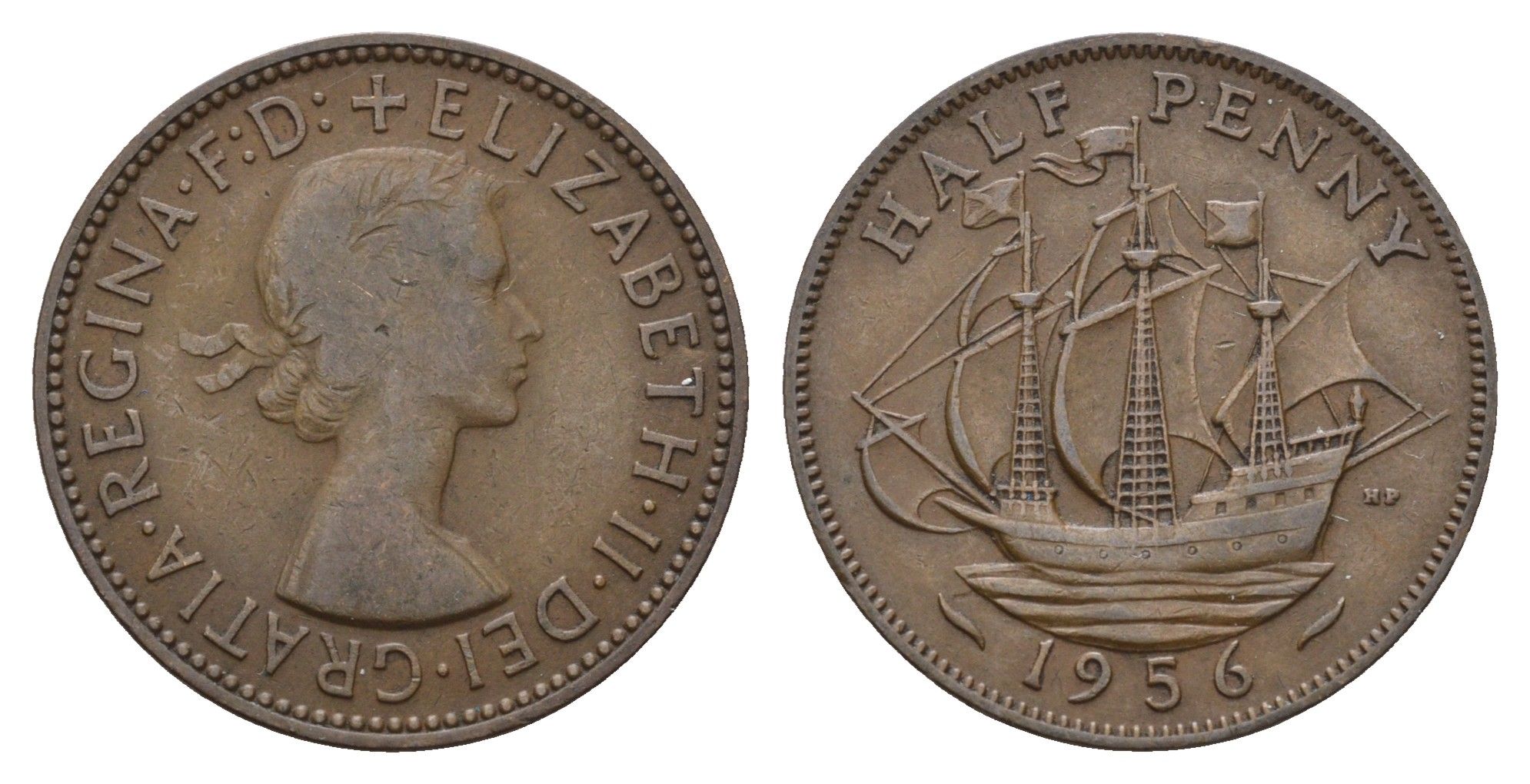 Великобритания 1/2 пенни 1956 Елизавета II (1952-2022) KM 896, Spink 4158 бронза 94-437