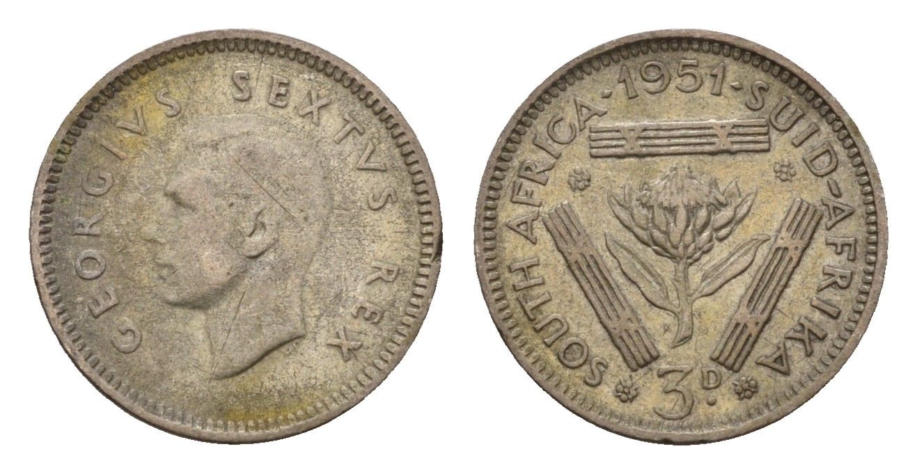 ЮАР 3 пенса 1951 Георг VI (1936-1952) KM 35.2 серебро 4549-862