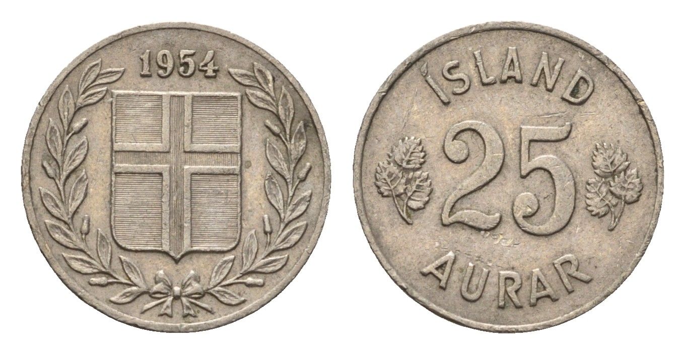 Исландия 25 эйре 1954 KM 11 медно-никель 4696-326