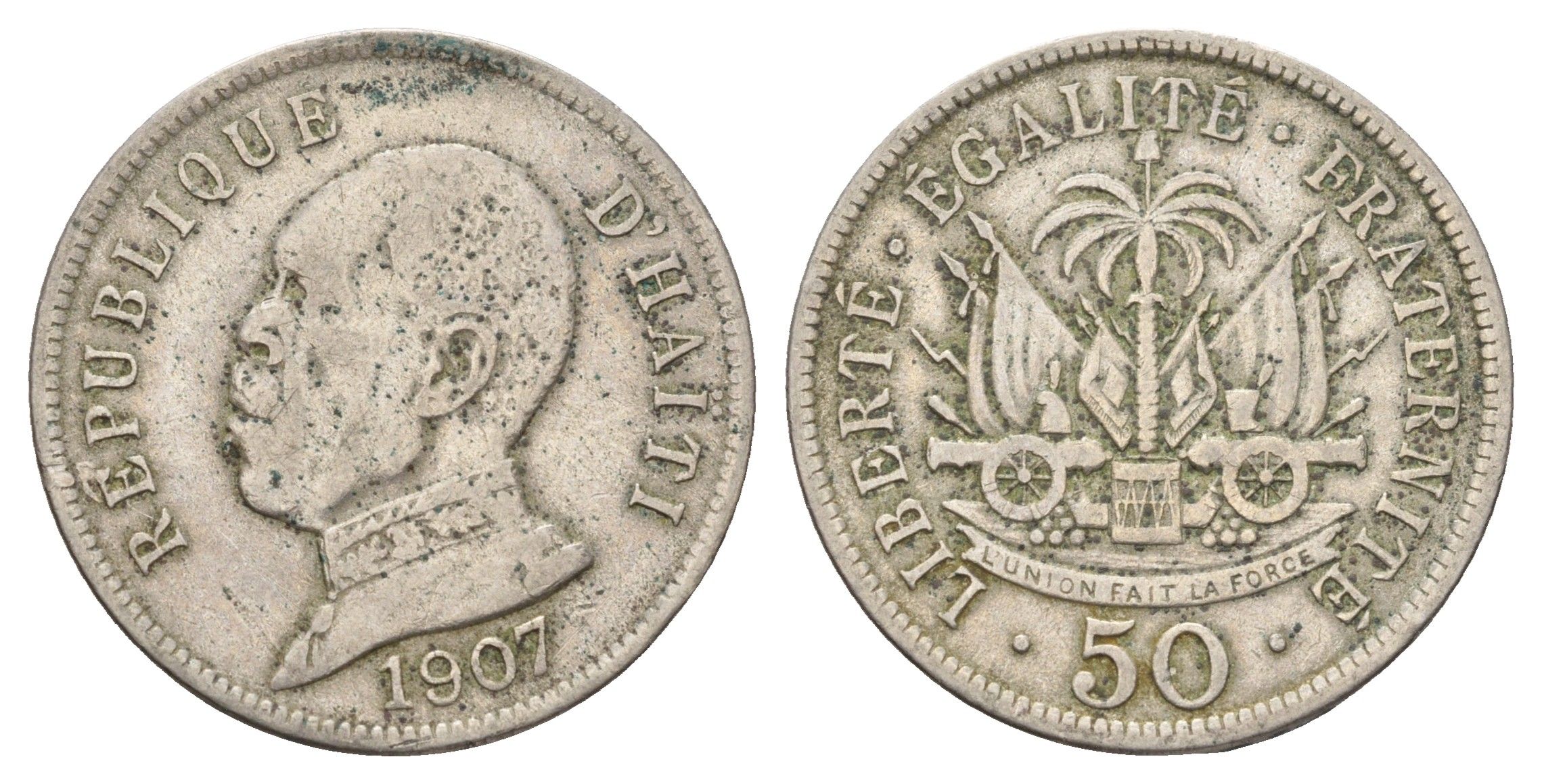 Гаити 50 сантимов 1907 Президент Пьер Нор Алексис KM 56 медно-никель 27-326