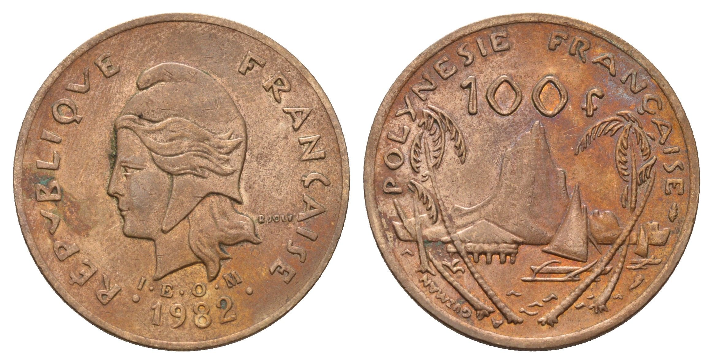 Французская Полинезия 100 франков 1982 KM 14 никель латунь 176-156