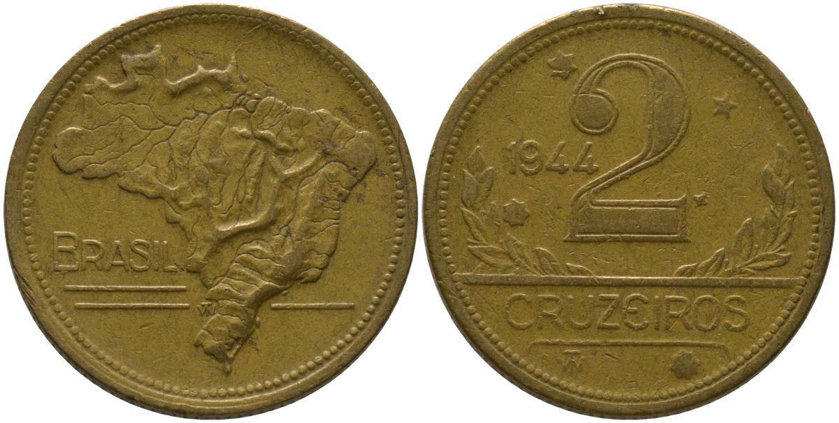Бразилия 2 крузейро 1944 KM 559 алюминиевая бронза 4577-443