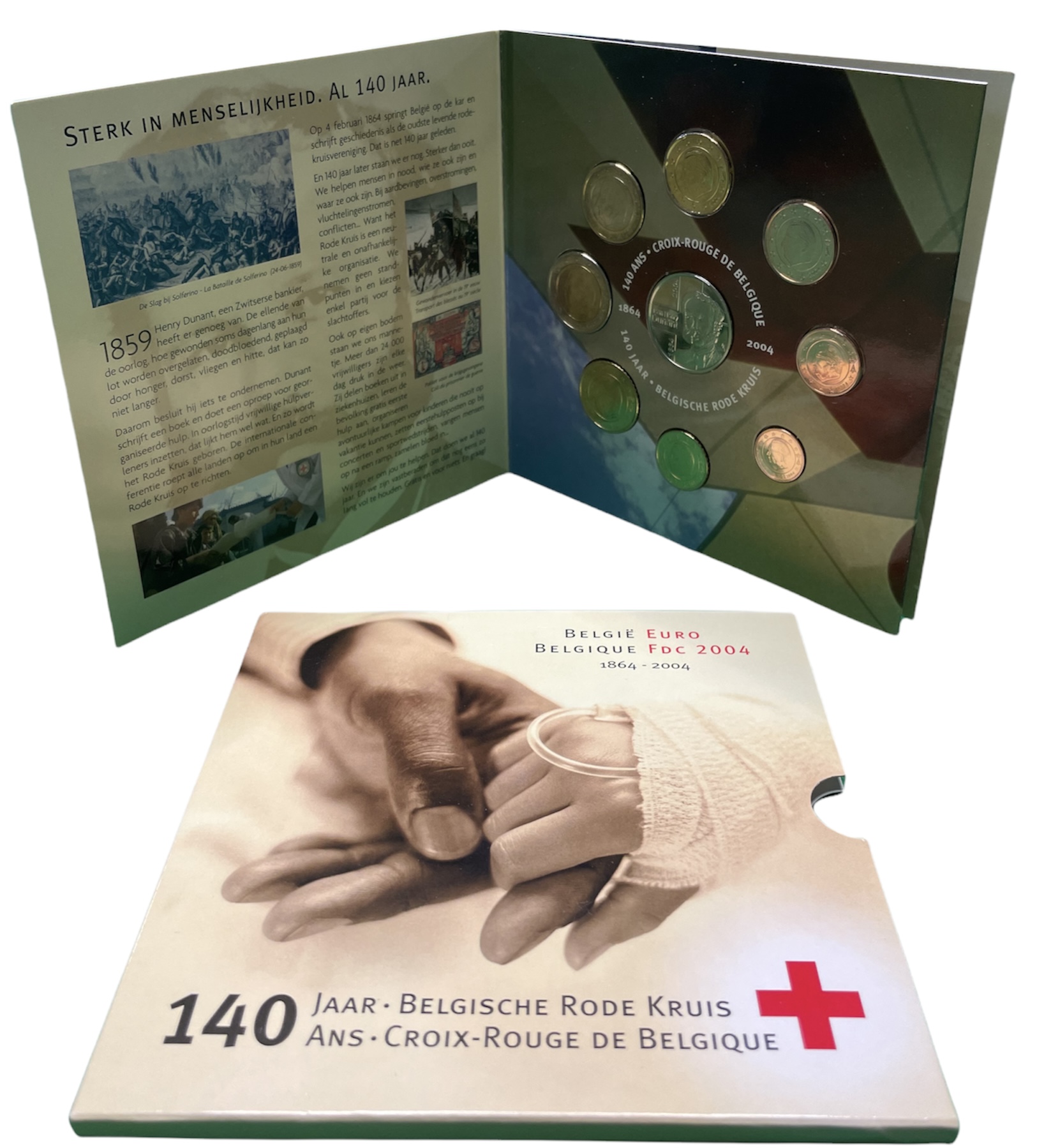 Бельгия евронабор из 8 монет + жетон 2004 140 лет Бельгийскому обществу Красного креста, Жан-Анри Дюнан, в оригинальном буклете    UNC биметалл 6-5-3-24