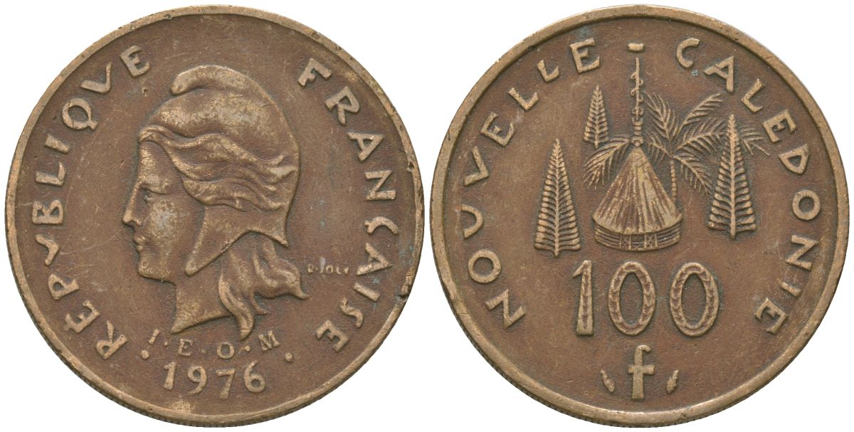 Французская Новая Каледония 100 франков 1976 хижина среди сосен и пальм, (IEOM) KM 15, Schoen 16, Lec 130 никель бронза 88-145