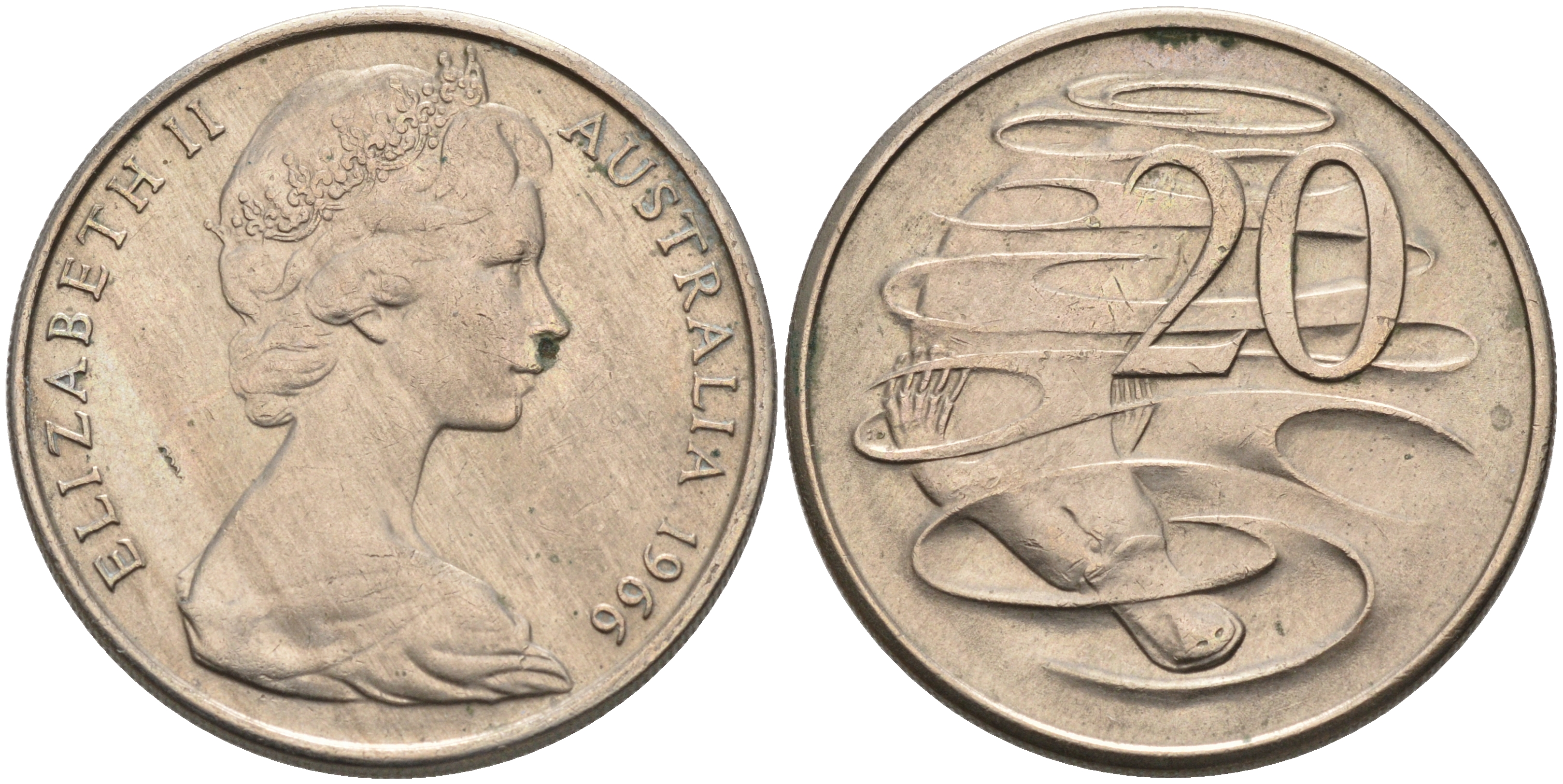 Австралия 20 центов 1966 Елизавета II (1952-2022), утконос KM 66 медно-никель 4565-816