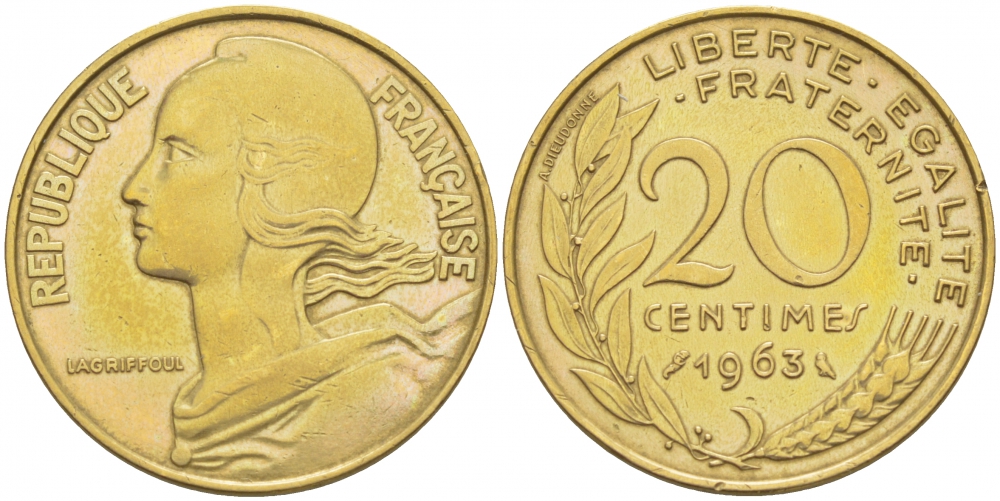 ФРАНЦИЯ 20 САНТИМОВ 1963 KM 930 медь алюминий никель 113-1214