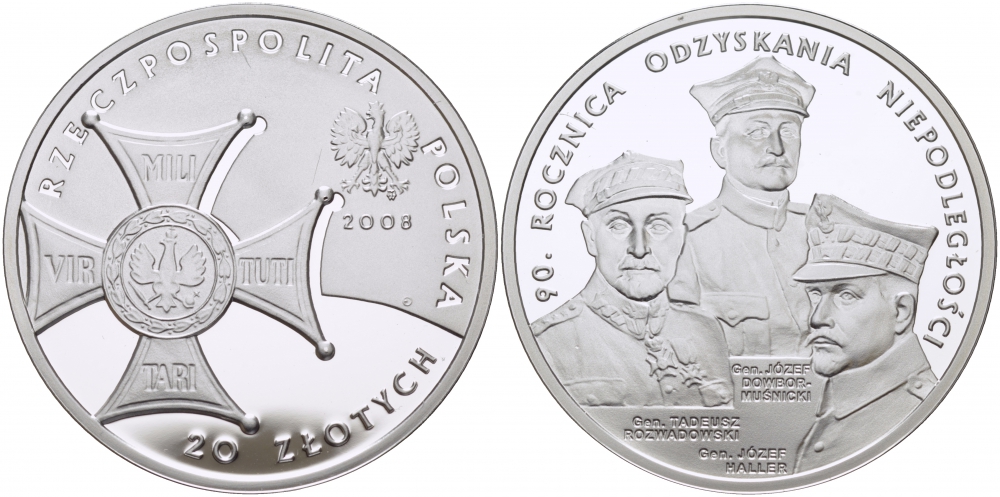 Польша 20 злотых 2008 90 лет восстановления независимости Польши KM 651 серебро PROOF 1077-9-54