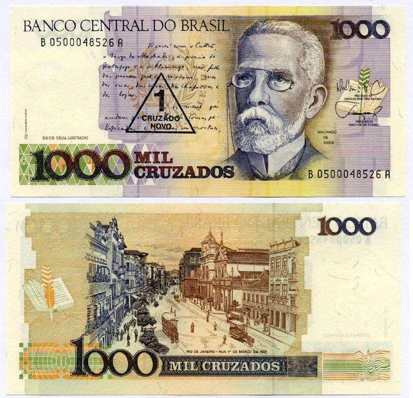 БРАЗИЛИЯ 1 КРУЗАДО НОВЫЙ 1989 НАДПЕЧАТКА НА 1000 КРУЗАДО, ПОДПИСЬ 26, СЕРИЯ В0500, МАЧАДО де АССИС Pick 216b бумага UNC (ПРЕСС) 6262-37-2-1