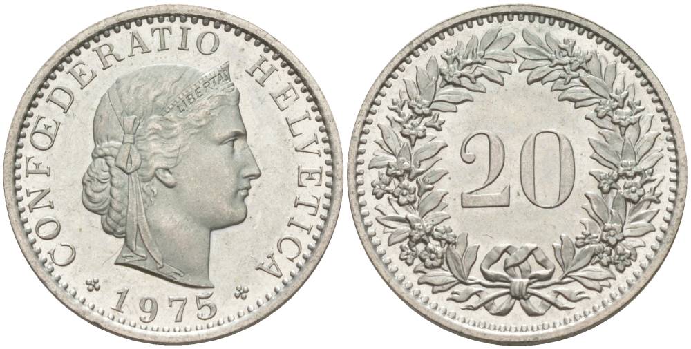 Швейцария 20 раппенов 1975 KM 29a медно-никель 55-946