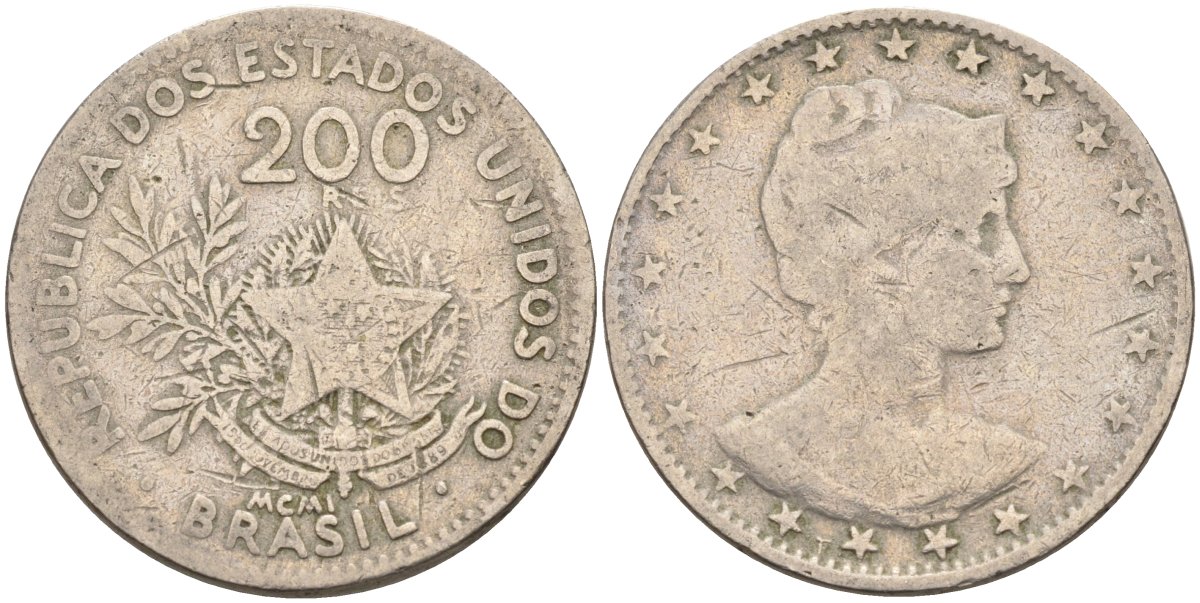 Бразилия 200 рейс 1901 голова свободы вправо KM 504 медно-никель 4589-1041