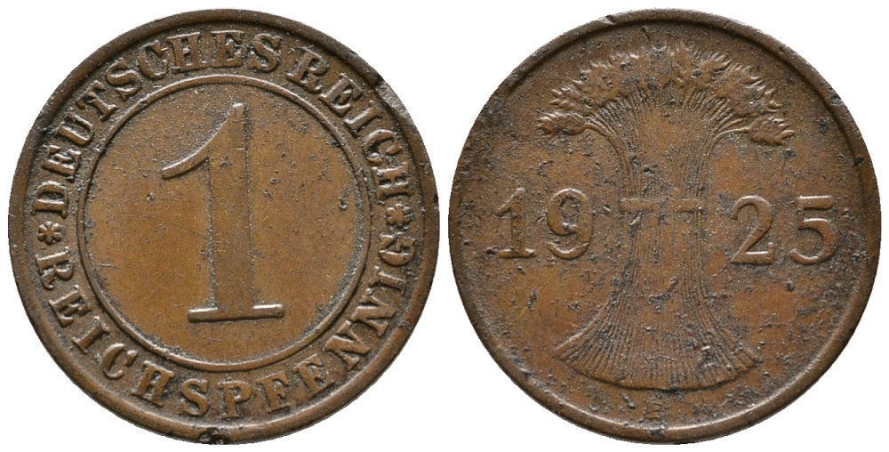 ГЕРМАНИЯ 1 РЕЙХСПФЕННИГ 1925 E KM 37, J. 313 бронза 39-867