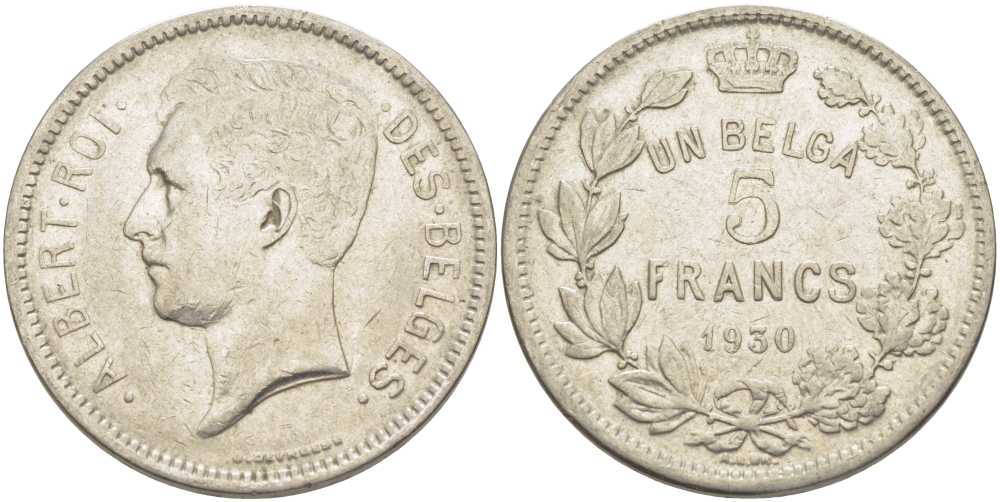БЕЛЬГИЯ 5 ФРАНКОВ 1930 АЛЬБЕРТ I, DES BELGES KM 97.1 никель 3851-115