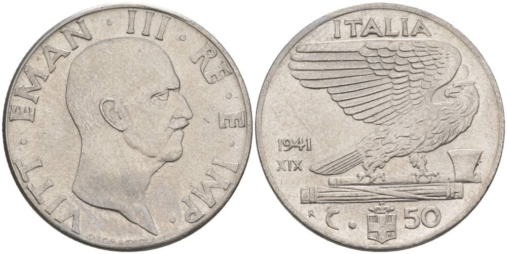 ИТАЛИЯ 50 ЧЕНТЕЗИМО 1941 R, ГОД XIX, ВИКТОР ЭММАНУИЛ III (1900-1946) KM 76b, VEM3. 1063 нержавеющая сталь 3853-317