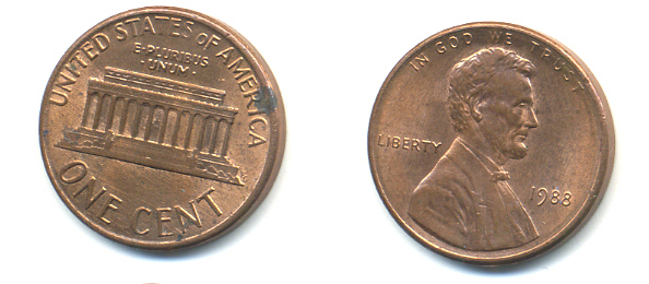 США 1 ЦЕНТ 1988 ЛИНКОЛЬН KM 201b цинк плакированный медью 86-241