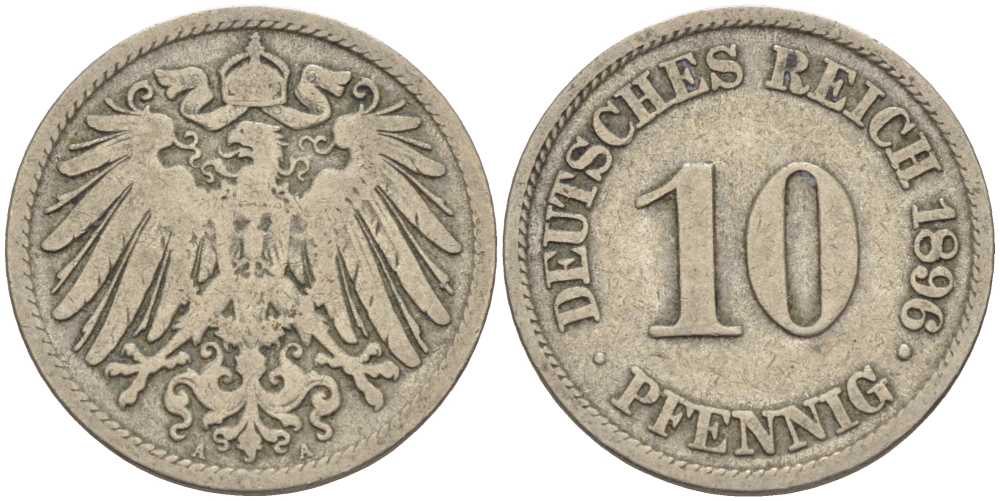 ГЕРМАНИЯ 10 ПФЕННИГОВ 1896 A KM 12, J. 13 медно-никель 4401-946