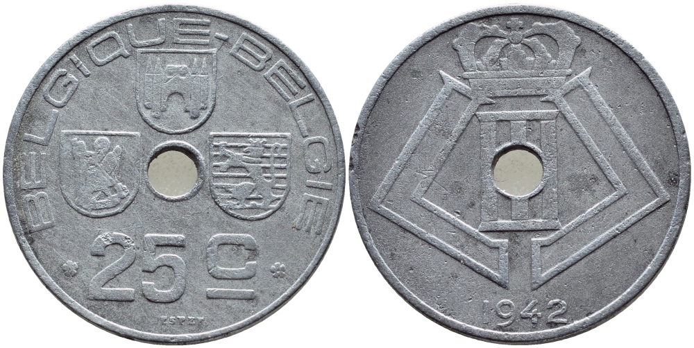 БЕЛЬГИЯ 25 САНТИМОВ 1942 BELGIE-BELGIQUE, ГЕРМАНСКАЯ ОККУПАЦИЯ, ВТОРАЯ МИРОВАЯ ВОЙНА KM 132 цинк 86-1151