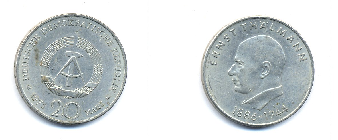ГДР 20 марок 1971 A, 85 лет со дня рождения Эрнста Тельмана KM 34, J. 1535 медно-никель 3333-541