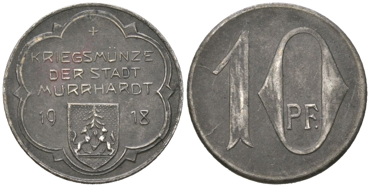 Мурхардт (Вюртемберг) 10 пфенингов 1918 Funck 353.3, Men05 18172.3, Men18 22736.3 железо 99-217