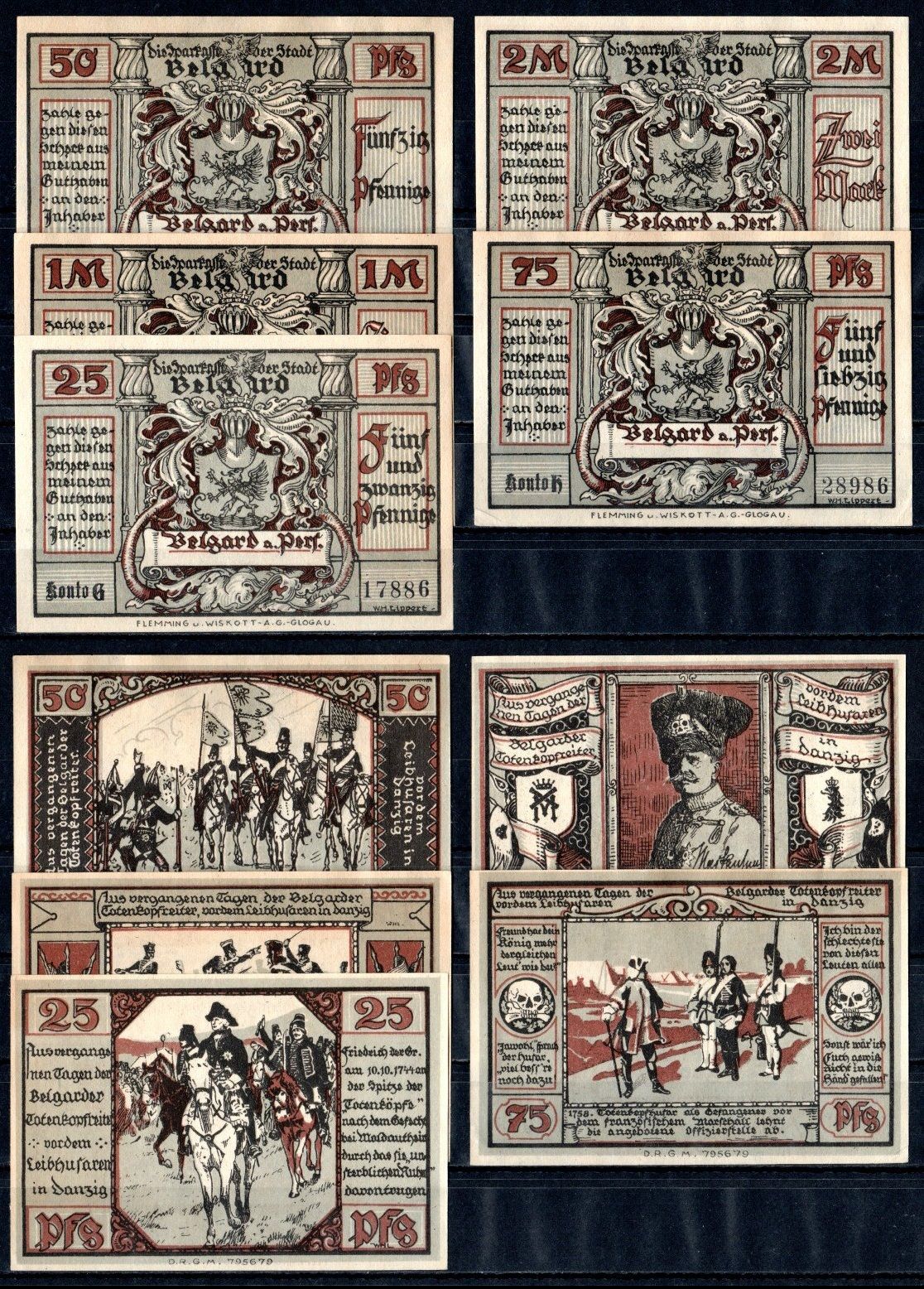 Белгард (Пруссия, Померания) полный набор из 5 нотгельдов (25, 50 и 75 пфеннигов; 1 и 2 марки) 1921 Mehl Grabowski 69.2a бумага UNC (пресс) 7556-46-4-2
