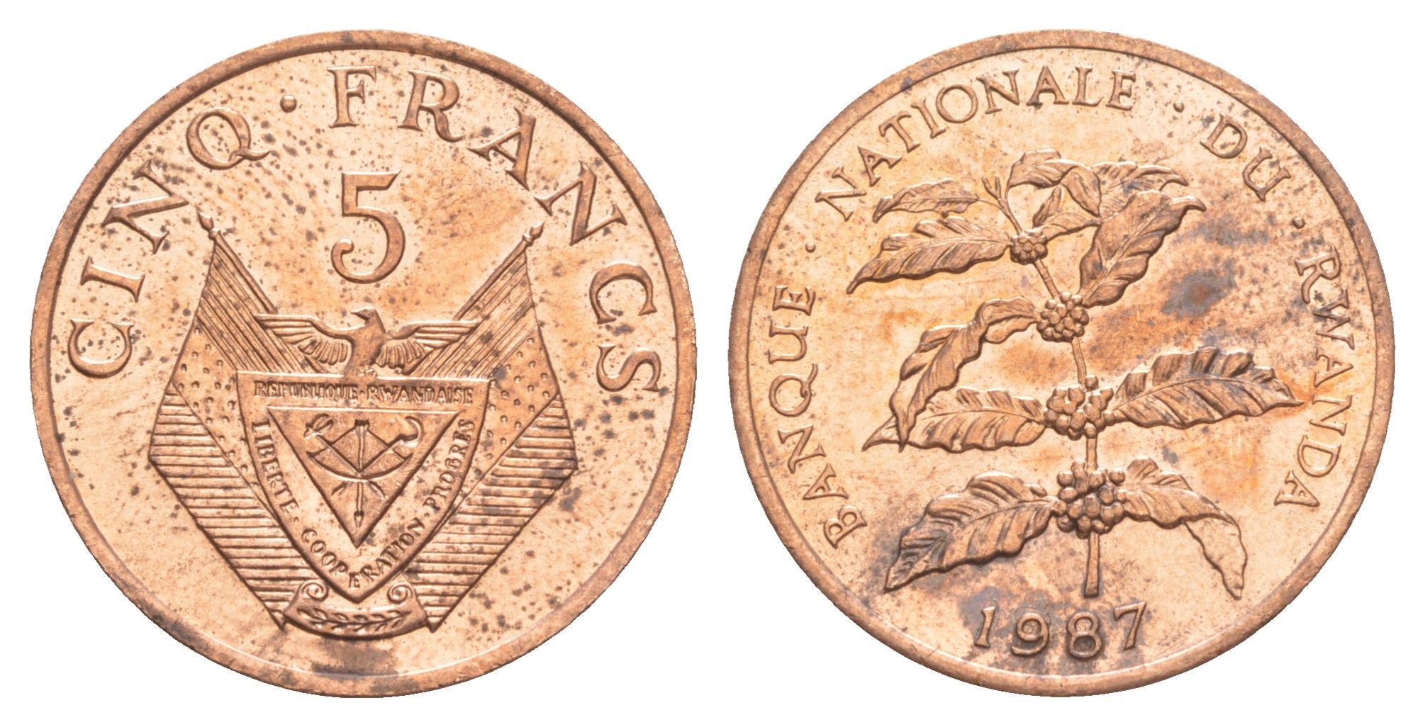 Руанда 5 франков 1977 KM 13 бронза UNC 4650-321