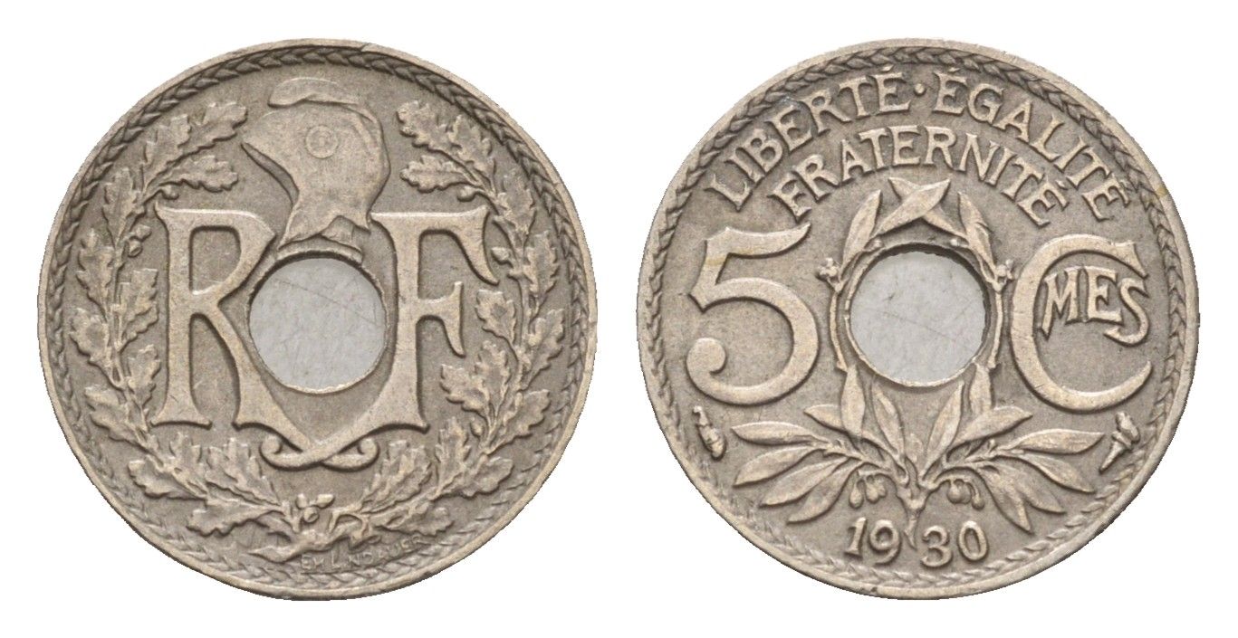 Франция 5 сантимов 1930 KM 875 медно-никель 4647-818
